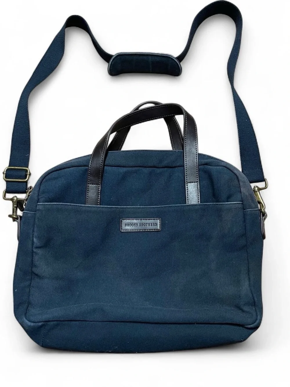 Brooks Brothers Briefcase Navy W/ Brown Leather Handles Canvas Bag Office
